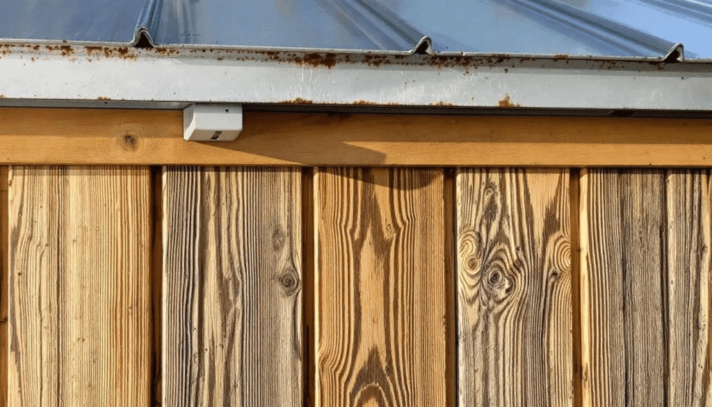 image - Ranch Style Homes USA The image features a close-up view of board and batten siding, showcasing the texture and pattern of the wooden panels, complemented by a sleek metal roof edge. This detail reflects the rustic charm and modern functionality often found in contemporary farmhouse architecture.