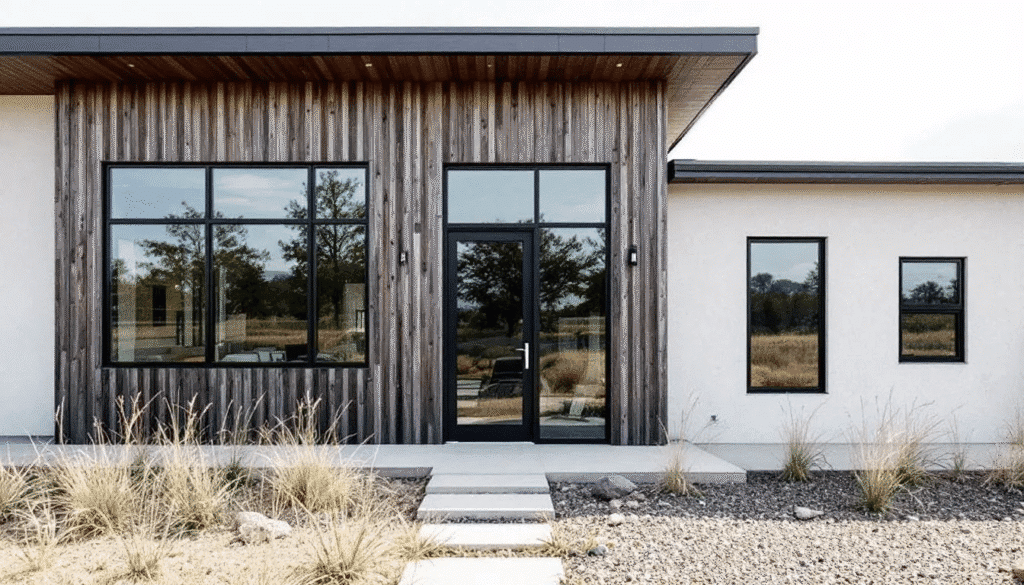 image - Ranch Style Homes USA The image showcases a modern farmhouse exterior characterized by large black-framed windows and a mix of materials, embodying rustic charm and contemporary features. Its design includes gabled roofs and board and batten siding, creating a stylish yet functional space that invites natural light.