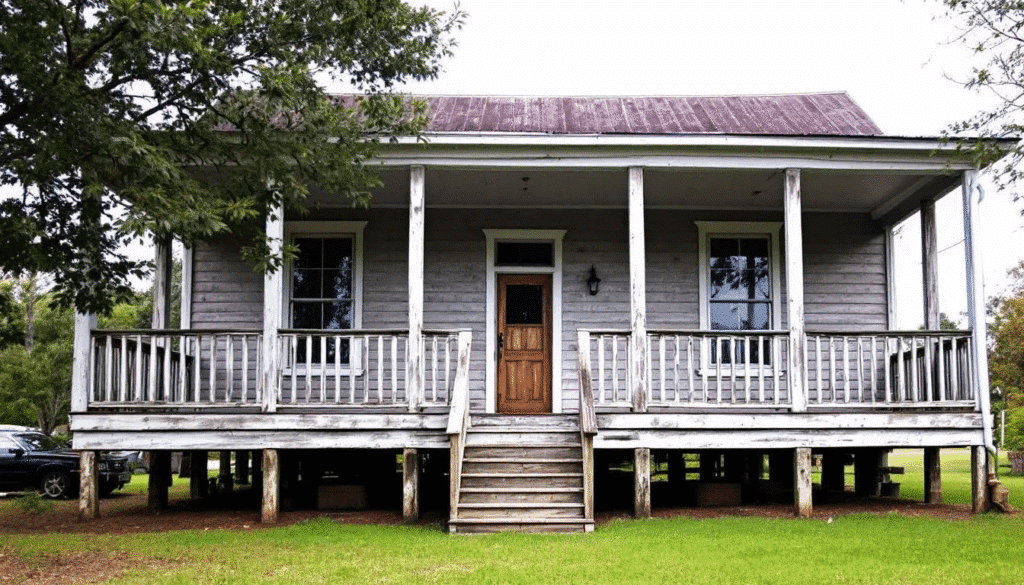 image - Ranch Style Homes USA The image depicts a charming Southern farmhouse characterized by a raised foundation and a deep wraparound porch, showcasing traditional farmhouse architecture with gabled roofs and board and batten siding. This modern farmhouse exudes rustic charm and functional outdoor spaces, perfect for family gatherings and enjoying nature.