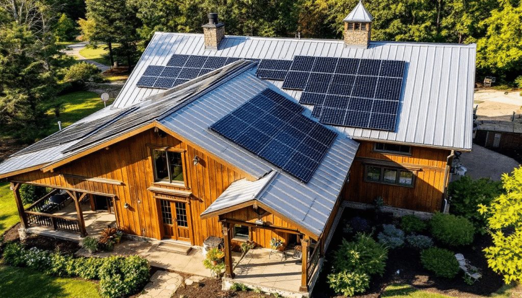 image - Ranch Style Homes USA A modern farmhouse features a sleek metal roof integrated with solar panels, showcasing a blend of rustic charm and contemporary functionality. The design emphasizes clean lines and large windows, creating spacious and light-filled interiors that reflect a timeless aesthetic.