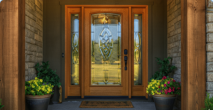 The image features a striking front door with elegant glass inserts, enhancing the entryway with natural light and visual interest. Potted plants flank the entrance, creating a welcoming atmosphere that invites guests into the stylish ranch house.