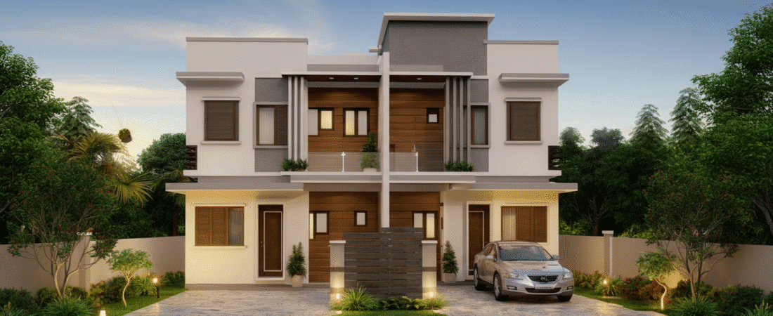 Photograph of a modern, symmetrical duplex house with a silver car parked in the driveway, surrounded by lush landscaping under a clear evening sky.