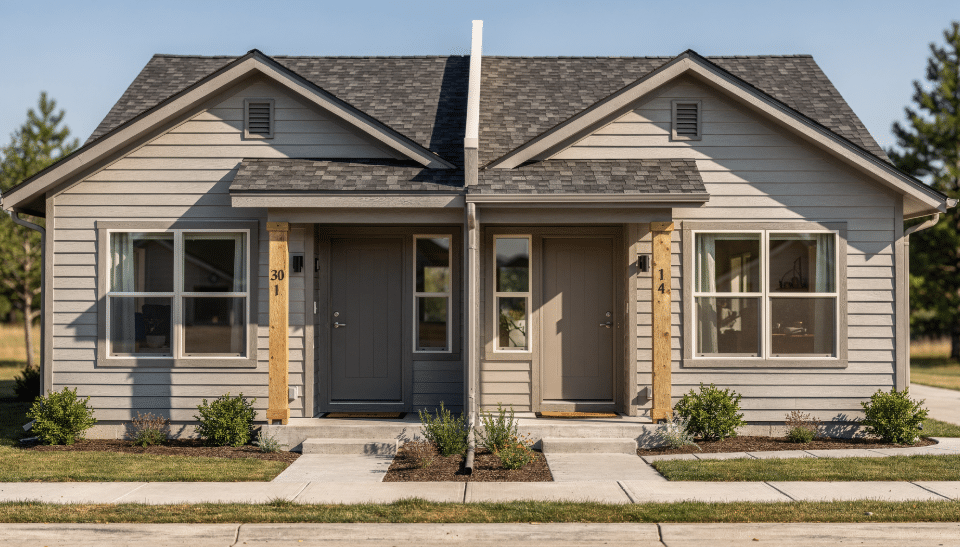 The image depicts a manufactured duplex home, showcasing two separate living units under one roof, built offsite in an environmentally protected building center. This construction method allows for energy-efficient solutions and addresses the affordable housing crisis by providing more affordable housing options for families seeking competitive housing solutions.
