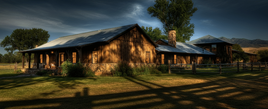 Photograph of a rustic wooden lodge with a metal roof, illuminated by warm interior lights and late afternoon sun, set against a dramatic sky and distant mountains.