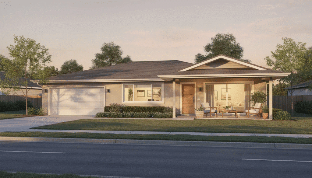The image showcases a sprawling ranch style home featuring a low-pitched roof and large windows that invite natural light into the spacious interior. The exterior is simple yet inviting, with an attached garage and sliding glass doors leading to outdoor spaces, emphasizing the home's connection to the outdoors and its focus on comfort and functionality.