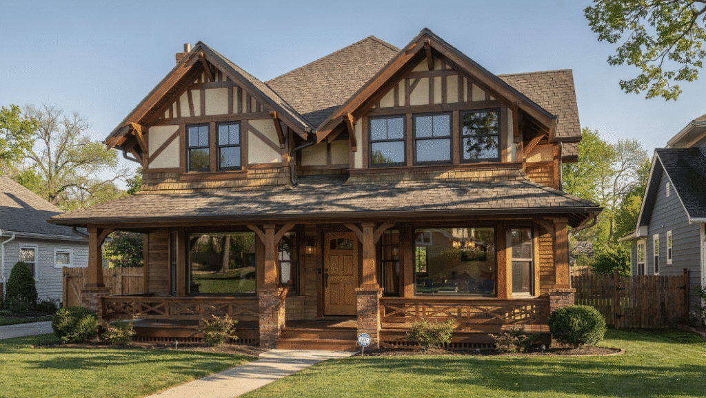 The image showcases a beautifully designed stick style house, featuring a covered front porch and large windows that enhance its exterior charm. The architectural details, including exposed rafters and a distinctive roof design, reflect the character of American architecture, making it a perfect fit for its neighborhood.