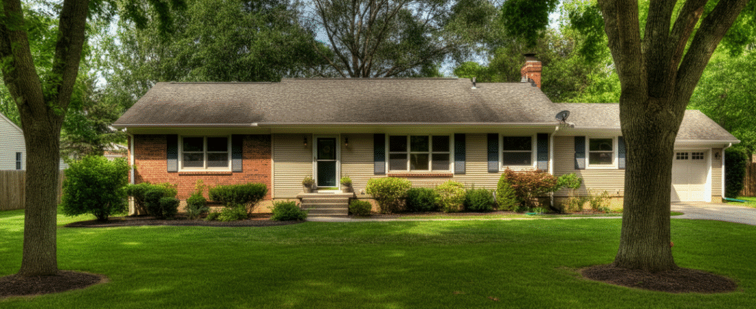 Photograph of a well-maintained single-story suburban home with a lush green lawn and mature trees under a bright sky, conveying comfort and stability.