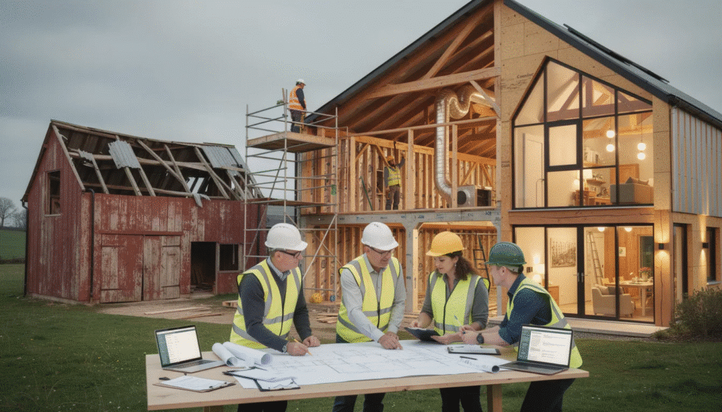 An image depicting the barn conversion process shows a rustic barn undergoing transformation into a modern barn home, with construction workers collaborating on structural changes, including new plumbing and insulation. The scene captures the blend of original charm and contemporary design elements, reflecting the journey of creating a comfortable living space filled with potential.