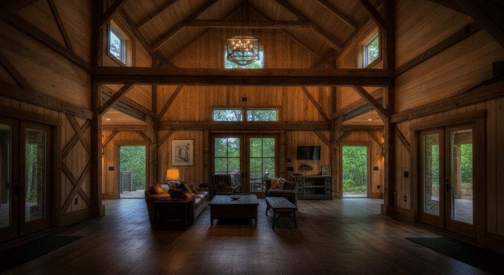 The image depicts a spacious and beautifully designed barn home, showcasing its rustic charm with high ceilings and an open floor plan. The structure is surrounded by nature, highlighting its energy-efficient features and comfortable living space, making it an ideal choice for those dreaming of a cozy yet stylish home.