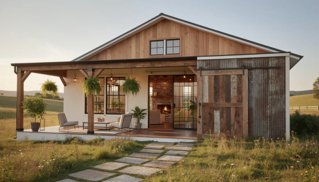 The image showcases a beautifully designed barn home that blends rustic charm with modern living, featuring reclaimed wood accents, a stone fireplace, and large windows that invite natural light. Surrounding the structure are lush plants and a serene landscape, emphasizing the connection between the barn house and its natural setting.