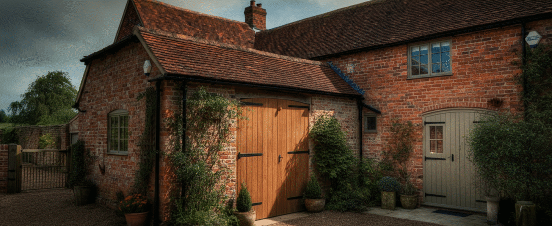 Photograph of a charming, traditional brick barn conversion or rural dwelling with a prominent wooden garage door, lush greenery, and a gravel driveway under a moody sky.
