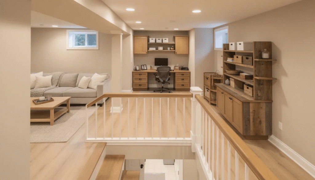 The image showcases a beautifully renovated raised ranch basement, featuring a cozy family room with stylish built-in cabinets and reclaimed wood accents. The space is well-lit with large windows, has a warm color palette, and is designed for both comfort and functionality, making it an inviting area for relaxation or work.