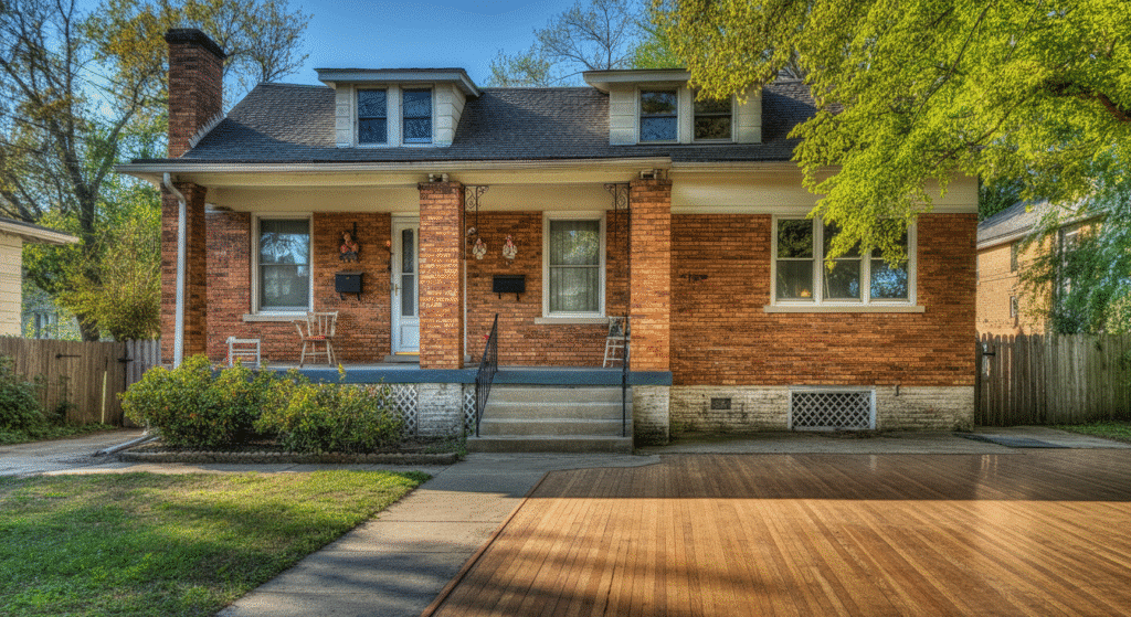 Photograph of a traditional brick house with a welcoming porch and lush green surroundings under a clear blue sky, evoking comfort and stability.