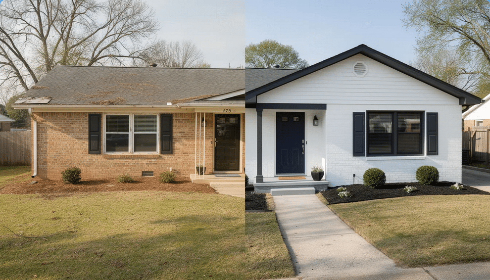 The image showcases a beautifully painted brick ranch style home, featuring a fresh coat of white exterior paint that enhances its curb appeal. Surrounded by a well-maintained landscape, the house exhibits large windows and a sophisticated look, making it a standout in the neighborhood.