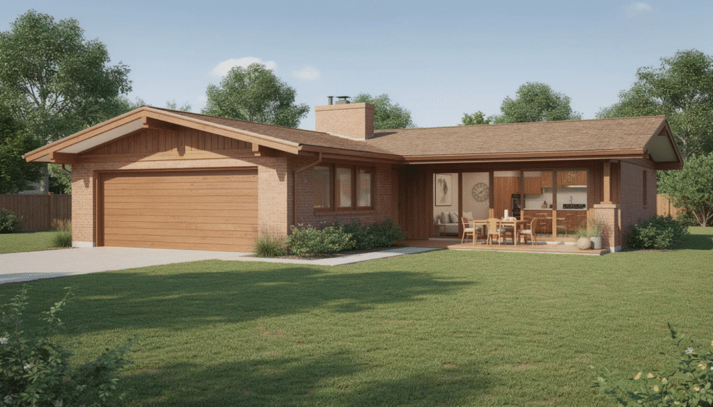 The image showcases a ranch style house characterized by its single-story design and low profile, featuring large windows and sliding glass doors that connect the interior with outdoor spaces. The layout typically includes wide open spaces, with living areas and bedrooms on one side and the kitchen and dining room on the other, reflecting a lifestyle of simplicity and casual family living.