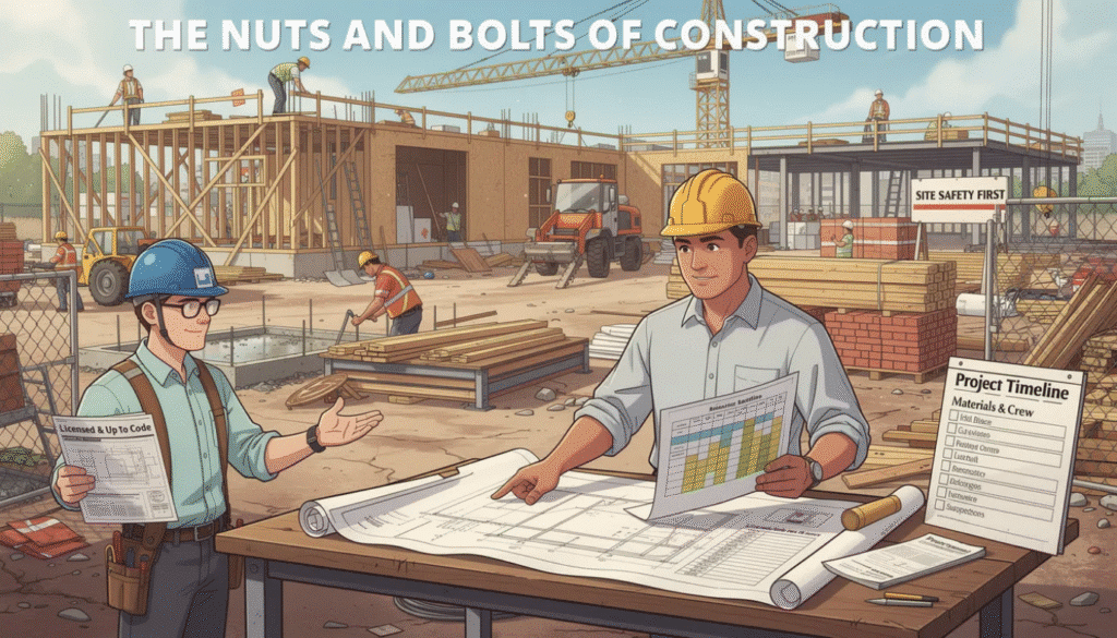An image depicting the construction process of a ranch home, showcasing a team of builders coordinating schedules and managing resources on-site. The scene includes construction materials, heavy machinery, and a partially built structure, illustrating the rewarding journey of turning plans into reality while ensuring compliance with legal requirements.