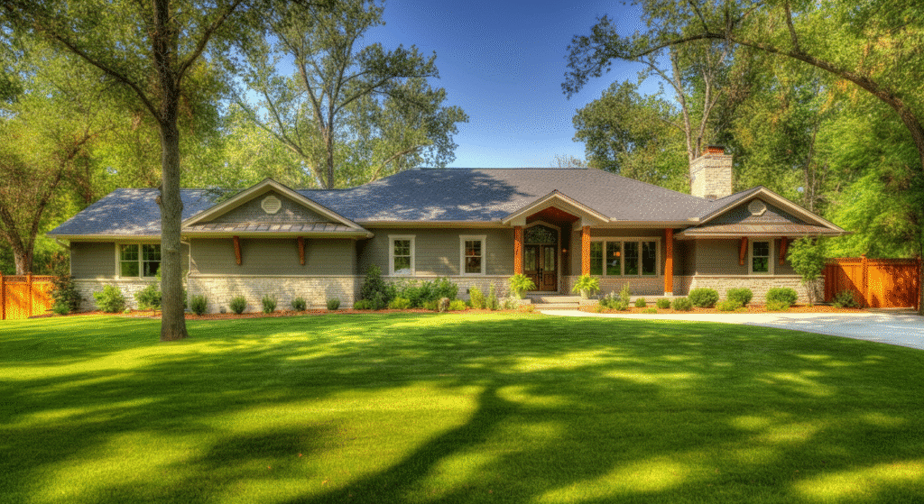 The image depicts a beautifully designed ranch home showcasing its characteristic single-story layout and open floor plan, emphasizing the easy accessibility and spacious living space. The exterior features traditional architectural elements, highlighting the appeal of ranch style homes while hinting at the various cost factors involved in construction, such as material choices and overall budget considerations.