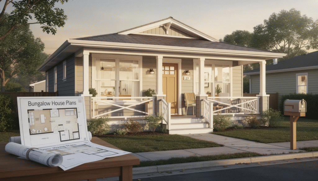 The image showcases a beautifully designed bungalow house featuring an open concept layout that maximizes natural light and space. A welcoming porch extends from the front, creating a connection to the outdoors, while the interior seamlessly flows between the living, dining, and kitchen areas, ideal for families.