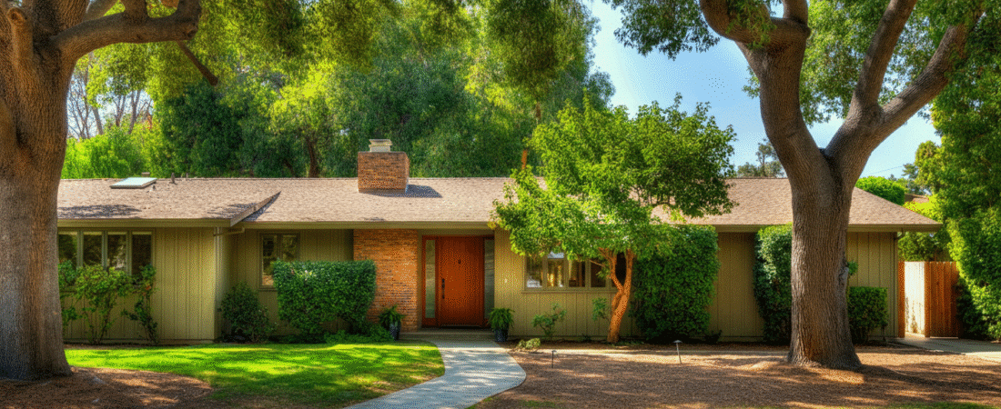 Photograph of a charming, well-maintained single-story house with a warm orange door, nestled amidst lush green trees and a vibrant lawn under a sunny sky.