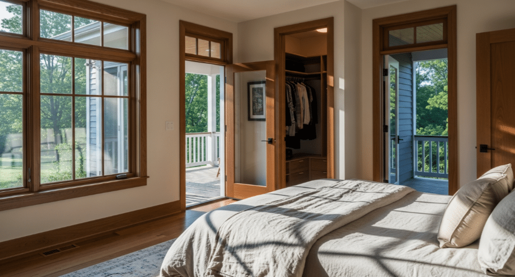 The image depicts a well-designed master bedroom layout, emphasizing its placement on the main floor for convenience and accessibility. It features two outside walls with ample windows for natural light, a walk-in closet that serves as a sound buffer, and a cozy connection to outdoor spaces such as the front and rear porches, creating an inviting and peaceful living environment.