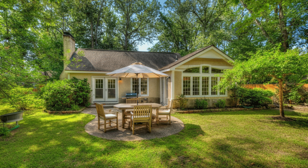The image showcases a charming cottage ranch style home featuring a single story layout with a low pitched roof, large windows that invite natural light, and an inviting patio that enhances outdoor living. This cozy residence is perfect for small families, emphasizing warmth and comfort with its open floor plan and seamless flow between living spaces.