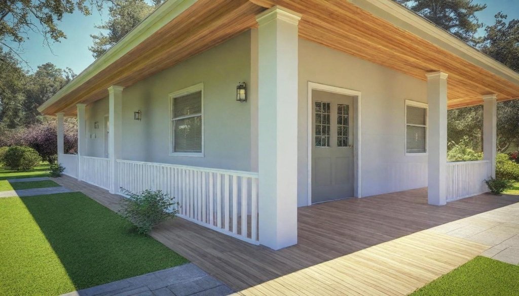 A charming, single-level ranch-style home with a low-pitched roof and inviting porch, surrounded by natural scenery, with large windows and an open floor plan, captured in ultrarealistic HDR with natural shadows and depth