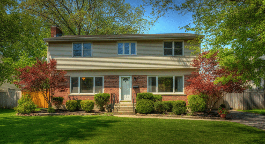 Classic Raised Ranch - Ranch Style Homes USA The image depicts a classic raised ranch home, showcasing its bi-level design with two floors of living space. The exterior features large windows and a welcoming front door, reflecting the practical and spacious layout that has made ranch style houses popular among growing families in suburban neighborhoods.