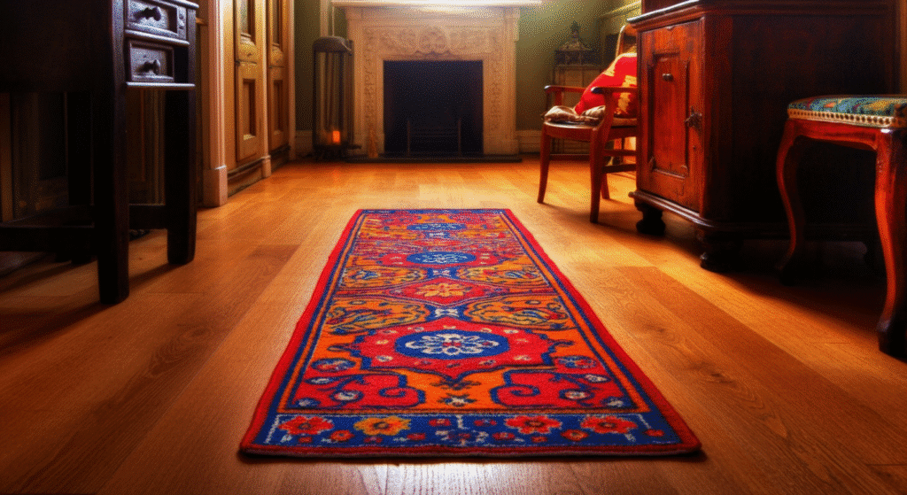 Photograph of a vibrant, intricately patterned runner rug on a polished wooden floor, leading towards a classic fireplace in a warmly lit, traditional room.