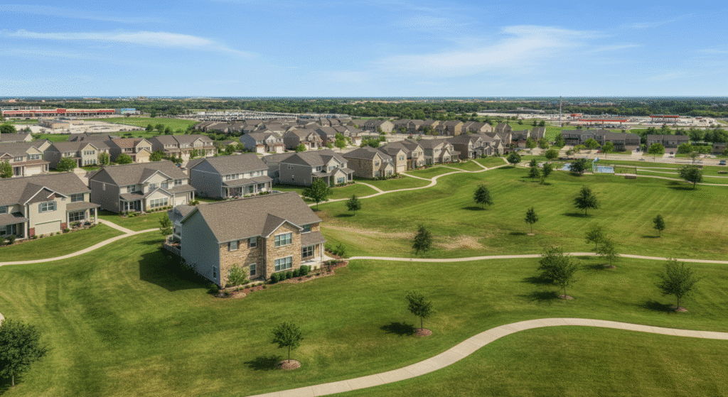 Aerial photograph showcasing a modern suburban residential neighborhood with numerous houses, expansive green spaces, winding walking paths, and distant commercial developments under a clear blue sky.