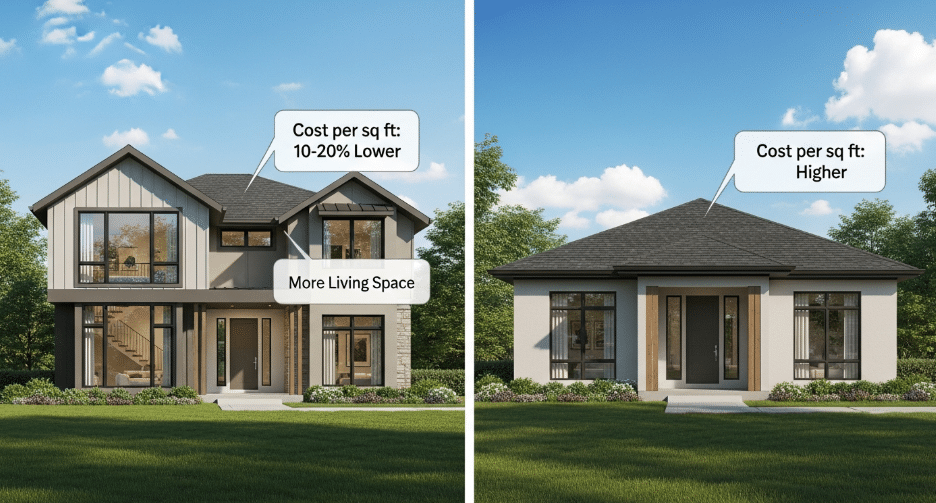 The image illustrates the cost differences between a two-story home and a one-story house, highlighting that the cost per square foot for a two-story design can be 10-20% lower, making it a cost-effective option for homeowners seeking more living space within the same total square footage. The visual may also depict elements like stairs and different floor plans, emphasizing the benefits of two-story homes for families and budget-conscious buyers.