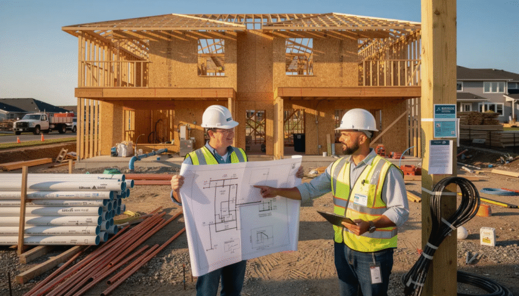 The image depicts a construction site for a modern duplex house, showcasing the building process from foundation digging to the final paint application. Key features include detailed drawings for plumbing installation and a layout that emphasizes the living area and bedrooms, ensuring compliance with local building codes for a safe and cozy home.