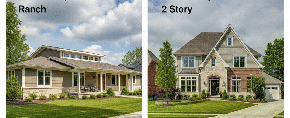 Side-by-side images of a ranch-style home and a two-story home with text on each side.