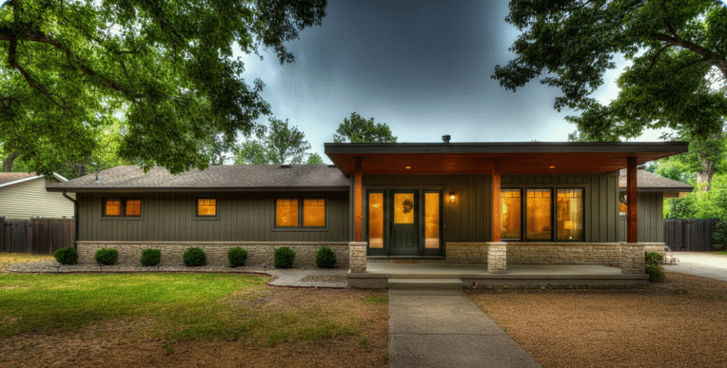 The image showcases the exterior features of a ranch style home, highlighting its low pitched roof and large windows that invite natural light. A covered porch extends from the front, providing an inviting outdoor living space that enhances the home's timeless appeal.
