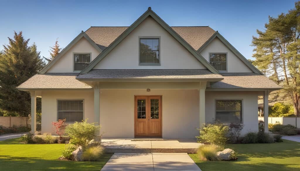 The image showcases a cozy Craftsman style house, featuring low pitched gable roofs, wide eaves, and handcrafted details that emphasize natural materials. Inside, the open floor plan includes built-in furniture and window seats, creating a warm and inviting atmosphere for family interaction.
