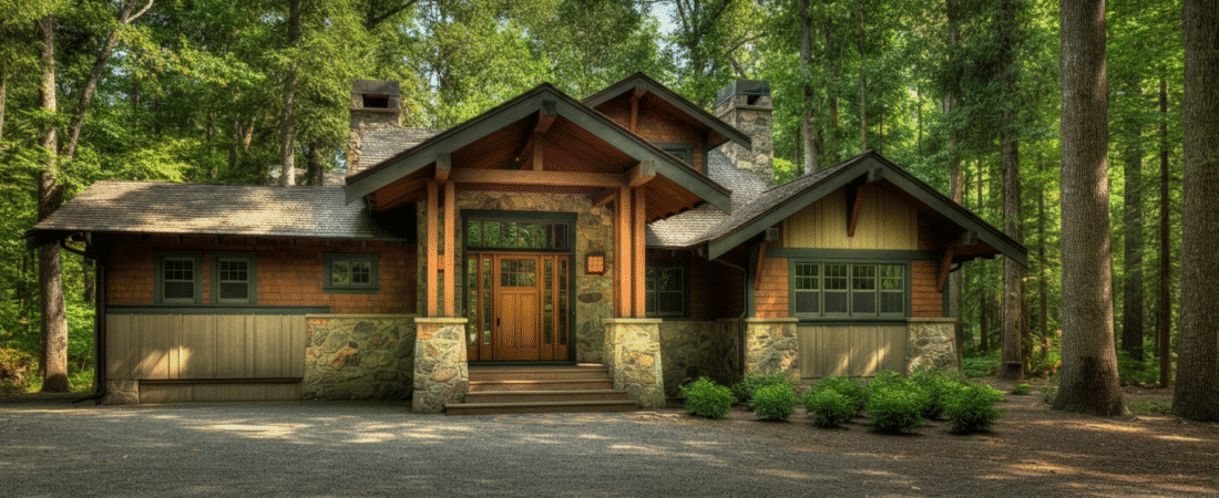 Photograph of a luxurious Craftsman-style house nestled deeply within a lush, verdant forest, showcasing natural materials and serene integration with nature.