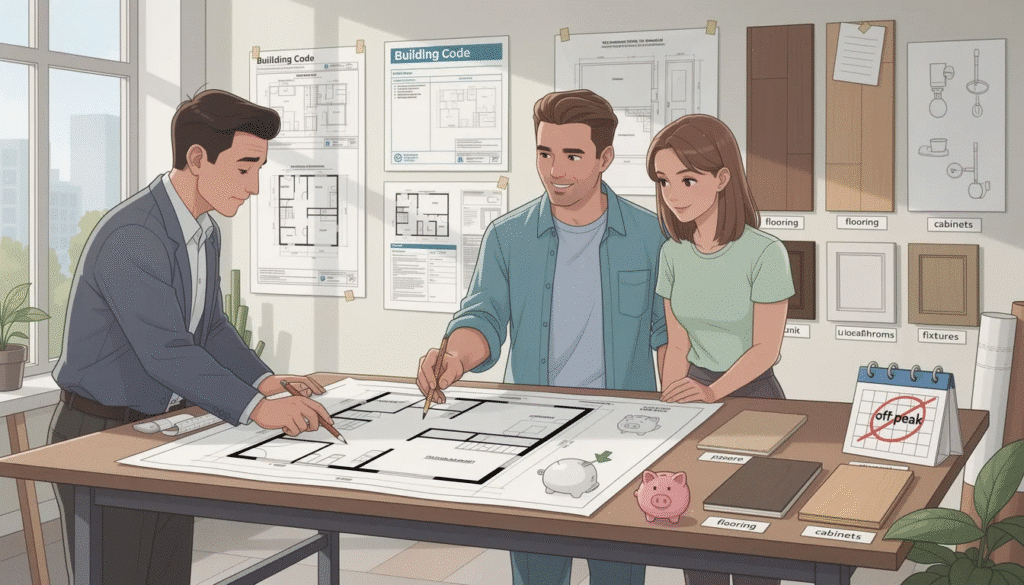 The image depicts a detailed floor plan for a ranch-style home, showcasing an open layout that emphasizes easy accessibility and efficient use of space. Key areas such as the dining room, living space, and attached garage are clearly marked, illustrating how thoughtful design can help manage overall construction costs and align with local building codes.