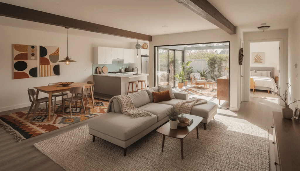 Decorated Ranch House - Ranch Style Homes USA The image depicts a beautifully decorated ranch house interior, showcasing an open floor plan that seamlessly connects the living room, dining room, and kitchen areas. The space features modern decor elements, such as a cozy sectional sofa, vibrant area rugs, and stylish lighting, creating a welcoming atmosphere perfect for family gatherings.