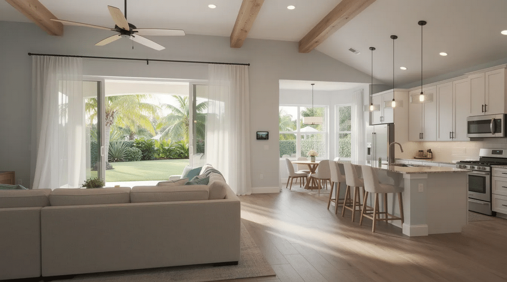 The image showcases a Florida ranch home featuring an open floor plan that seamlessly connects the living room, dining room, and kitchen. With sliding glass doors allowing natural light and outdoor access, the interior boasts modern amenities like granite countertops and vaulted ceilings, creating a perfect blend of style and functionality.