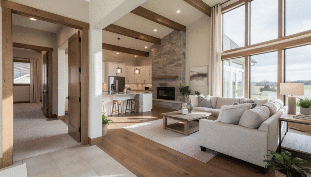 Designed Interior - Ranch Style Homes USA The image showcases a beautifully designed interior of a raised ranch home, featuring large windows that flood the main living area with natural light and vaulted ceilings that enhance the spacious feel. The decor combines modern elements like granite countertops and stainless steel appliances with warm natural materials such as wood beams and stone accents, creating a cozy yet stylish atmosphere perfect for growing families.