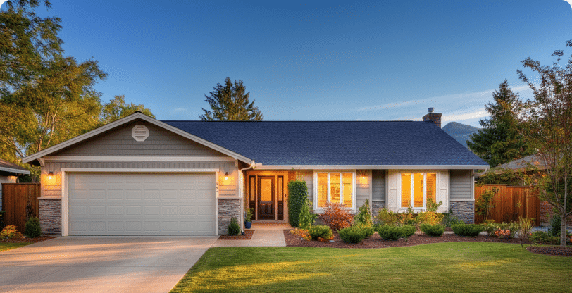 The image showcases a beautifully designed ranch-style home featuring a low-pitched roof, wide footprint, and large windows that invite natural light into the open concept living areas. This single-story house plan includes an attached garage and ample space for both relaxation and entertaining, making it an ideal choice for families and empty nesters alike.