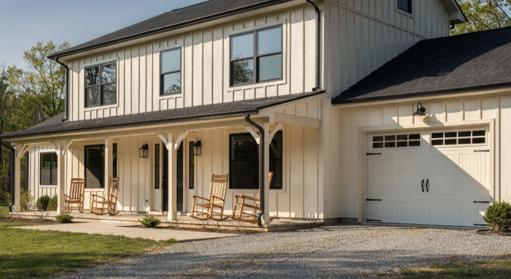 The image depicts a charming raised ranch farmhouse featuring classic board-and-batten siding in a soft cream color, complemented by black window frames. A welcoming porch with rocking chairs enhances the inviting exterior, while carriage-style garage doors add a touch of farmhouse charm to the overall design.