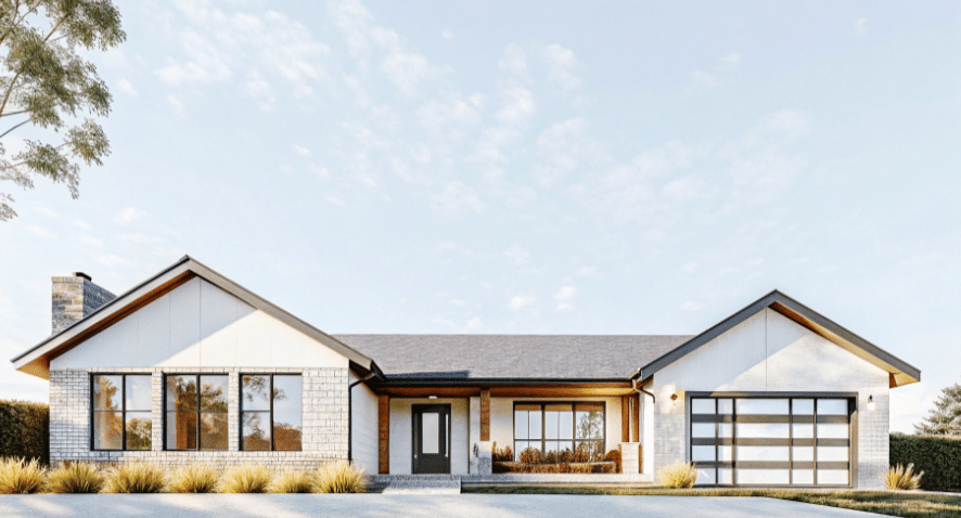 The image depicts a stunning ranch style house with a simple yet appealing exterior, featuring large windows and a welcoming front door. The house is harmoniously integrated into its yard, surrounded by lush landscaping that enhances its curb appeal while showcasing a blend of brick and batten siding for visual interest.