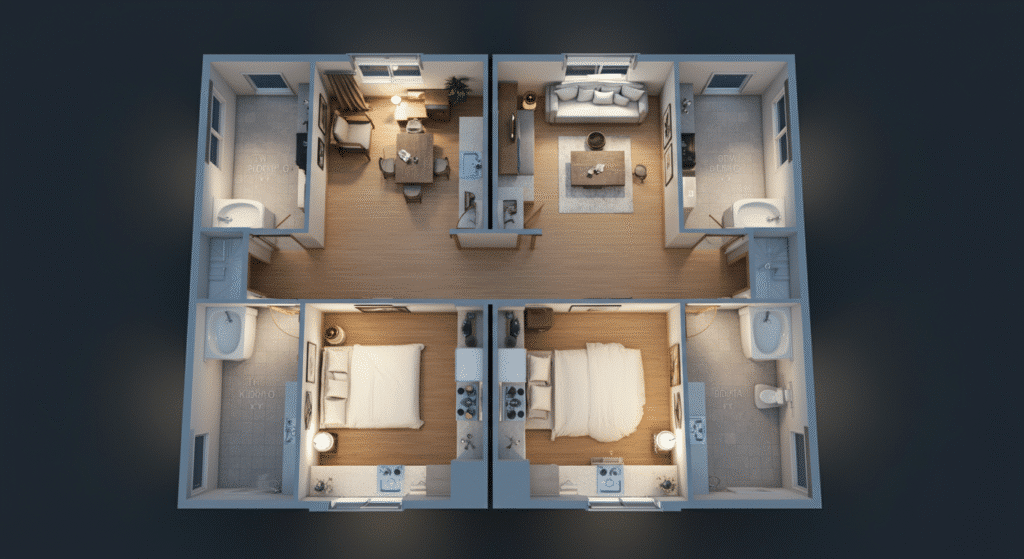  A top-down view of a 950 sq ft duplex floor plan. It shows two separate units with labeled rooms, including living areas, bedrooms, bathrooms, and kitchens.