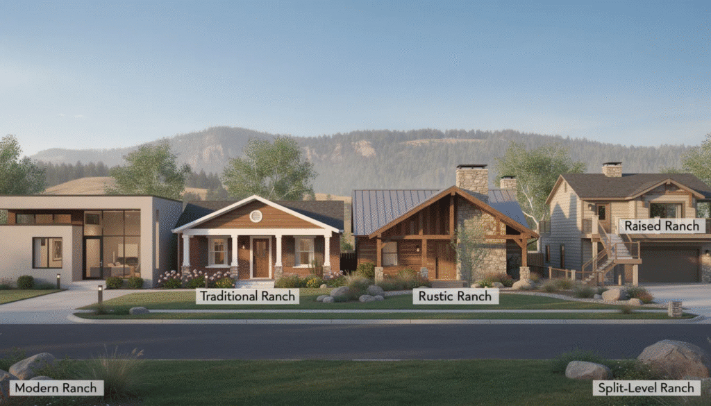 Different Architectural Looks - Ranch Style Homes USA The image showcases various ranch style homes, highlighting different architectural styles such as modern ranch with clean lines and large windows, traditional ranch featuring brick or wood siding, and rustic ranch using natural materials like wood and stone. Each style reflects unique design elements and layout preferences, demonstrating the diversity within ranch house plans.