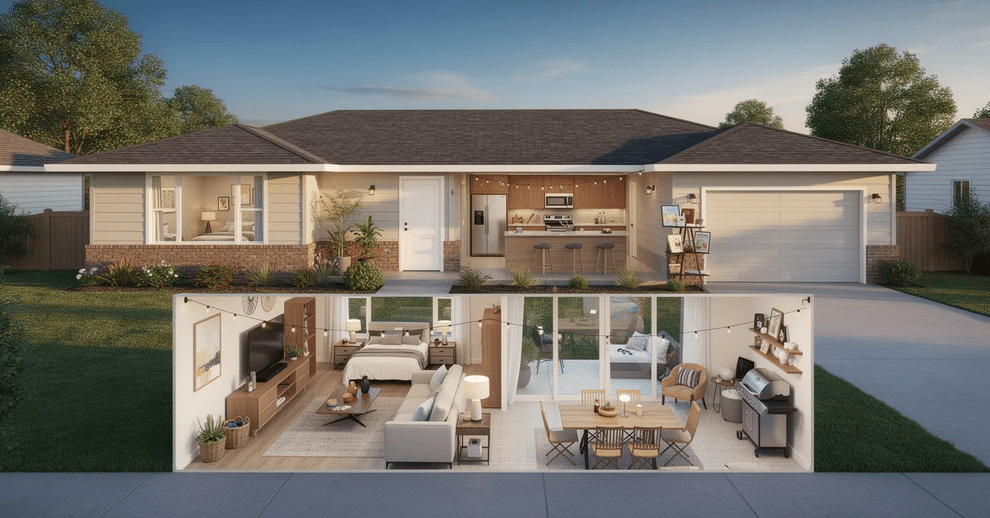 The image depicts a typical ranch style home characterized by its low slung profile, wide eaves, and spacious open floor plan that connects the living room, dining area, and kitchen. This average ranch house, ranging from 1,500 to 2,500 square feet, features three to four bedrooms, two bathrooms, and large windows that allow ample natural light, making it a perfect choice for families seeking comfortable single story living.