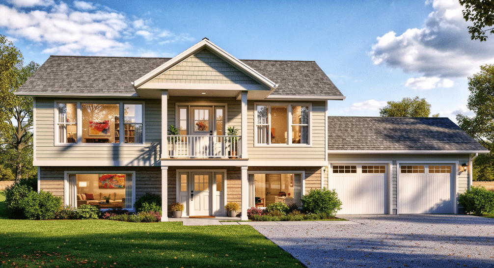 The image showcases a raised ranch farmhouse with two distinct levels, featuring a welcoming main entrance and an attached garage. The upper level serves as the vibrant living area, while the lower level, partially above ground, is filled with natural light and designed for additional bedrooms or a cozy family den, making it ideal for growing families.