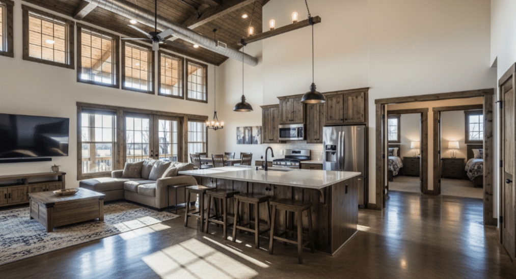 The image showcases a stylish barndominium, featuring an open floor plan that emphasizes spaciousness and versatility. The design includes a welcoming front porch and well-defined areas for a family room, kitchen, and two bedrooms, highlighting the unique layout and modern materials commonly used in barndominium floor plans.