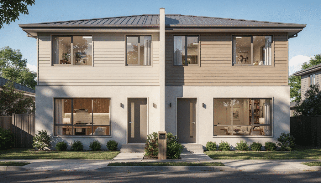 The image showcases a well-designed duplex house plan featuring a modern structure with two units, each having its own entrance. The layout includes a main floor with essential living spaces like a kitchen, living room, and bathroom, while the upper floor is designated for bedrooms, providing functional and affordable living for families.