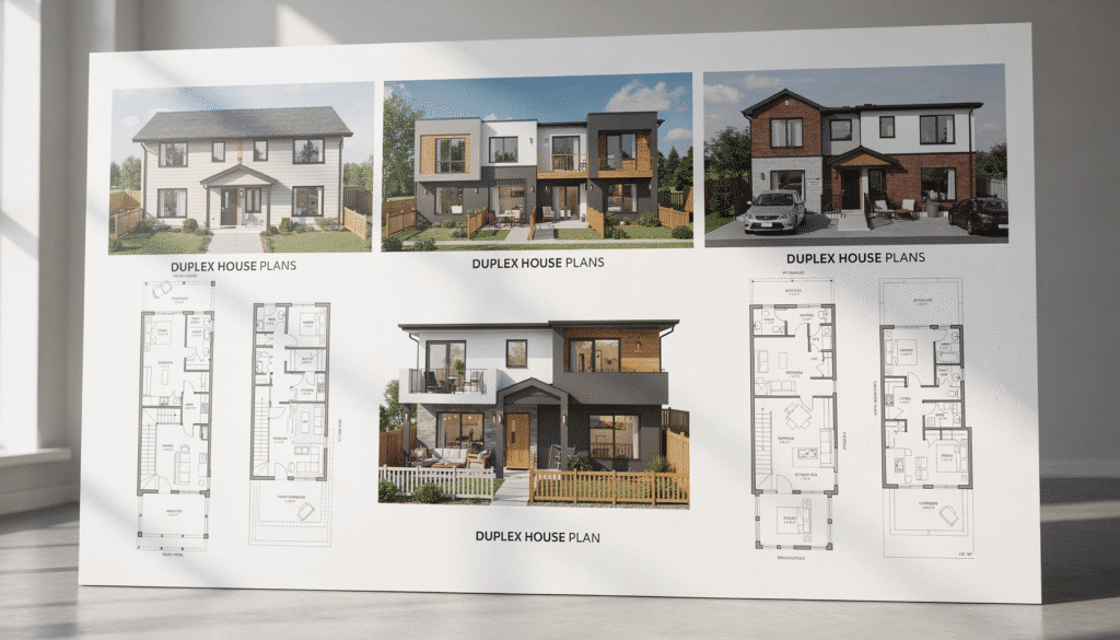 The image depicts various duplex house plans, showcasing different styles such as side-by-side and stacked units. Each plan highlights essential features, including separate entrances, functional living spaces, and private outdoor areas, emphasizing affordability and modern design for families or renters.