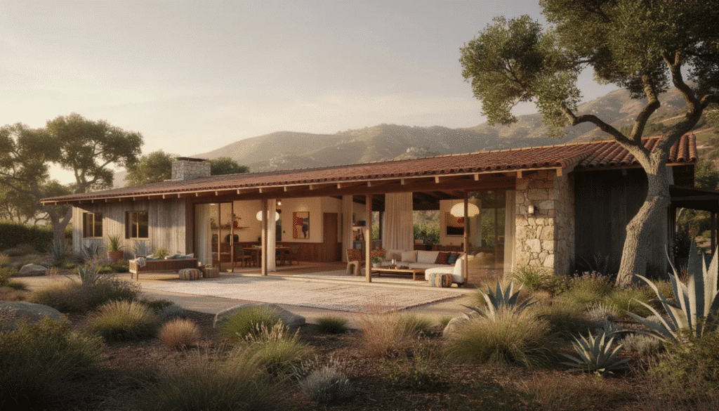The image depicts a charming California ranch style home featuring a blend of natural materials and earthy colors, with warm tones of brown and green. The exterior showcases exposed beams and deep eaves, while large windows enhance the inviting atmosphere and promote energy efficiency.